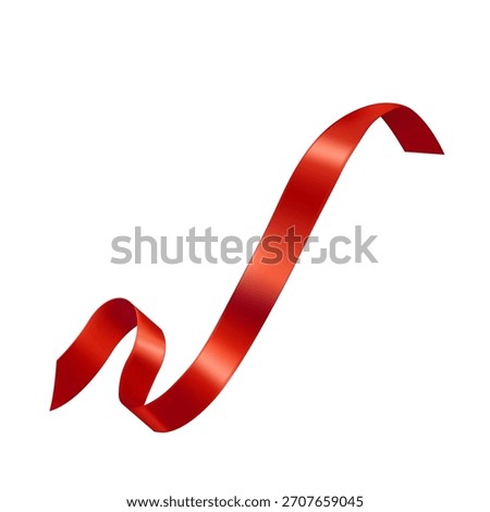 Red satin ribbon wave isolated on white background. Realistic glossy silk tape curling in the air. Decorative element for gift, Christmas, or Valentine's Day design