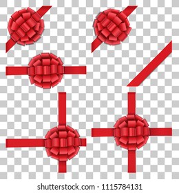 Red satin ribbons and bows set. Elements of vector decor for greeting Christmas and New year, bithday, valentines cards.