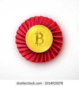 red satin rosette with bitcoin currency.
