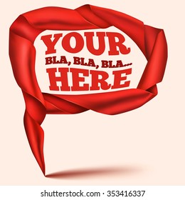 Red satin scroll ribbon speech bubble template. Vector illustration