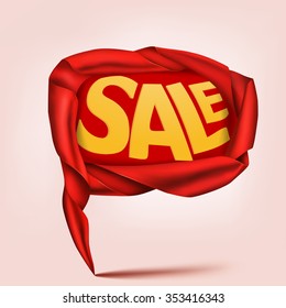Red satin scroll ribbon speech bubble. Sale concept. Vector card