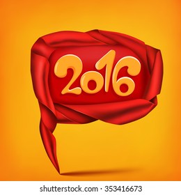 Red satin scroll ribbon speech bubble. New year concept. Vector card