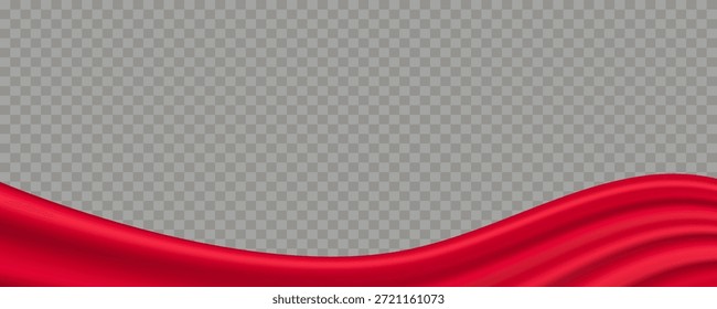 Borde ondulado de satén rojo aislado, onda de tela de seda que fluye en la parte inferior con pliegues suaves sobre fondo transparente con espacio de copia. Ilustración vectorial editable.