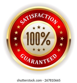 Red satisfaction badge with gold border on white background