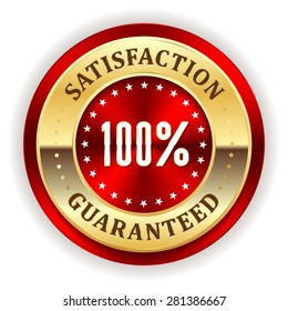 Red satisfaction badge with gold border on white background