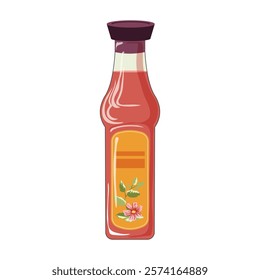 Red sauce in bottle in flat design. Condiment with tomatoes and herbs. Vector illustration isolated.