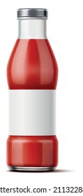 Red sauce in glass bottle. Realistic mockup with empty label