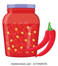 
Red sauce inside can with chilli, chili sauce 
