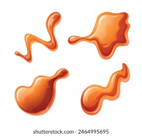 Red sauce splashes set isolated on white background. Vector cartoon illustration of tomato ketchup, dip syrup, fruit jelly or jam, orange paint stains with glossy surface, bbq food design elements