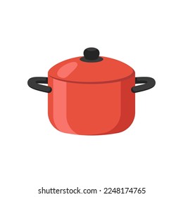 Ilustración de dibujos animados de la cacerola roja. Cocina de metal con tapa, utensilios inoxidables para hacer sopa o hervir agua. Hogar, concepto de cocina