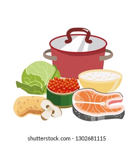 Red saucepan with copper lid. Ingredients for the preparation soup and a bowl of oatmeal. Cabbage, carrots, half of shumpinion. And delicious red caviar. Icon for the Easter theme. Dietary food