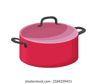 Red saucepan icon. Kitchen utensils, cooks equipment for meal preparation. Tool for heating water and preparing soup. Design element with cafe or restaurant inventory. Cartoon flat vector illustration