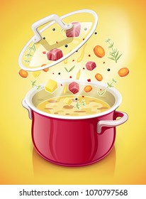 Red saucepan with lid. Kitchen tableware. Prepare food. Cooking meal. Kitchenware tool. Utensil equipment. Cook Pan. Realistic Pot. Iron Kettle for soup. EPS10 vector illustration.