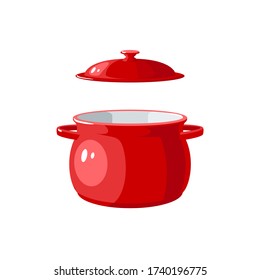 Red saucepan with open lid. Kitchen utensil. Vector illustration cartoon flat icon isolated on white background.