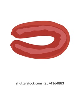 Red sausage in flat design. Fresh pork wurst, butchery products menu. Vector illustration isolated.