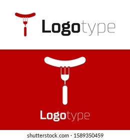 Red Sausage on the fork icon isolated on white background. Grilled sausage and aroma sign. Logo design template element. Vector Illustration