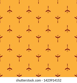 Red Sausage on the fork with steam icon isolated seamless pattern on brown background. Grilled sausage and aroma sign. Vector Illustration