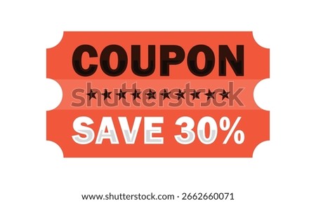 Red Save 30% Coupon Ticket Clipart – Promotional Discount Voucher. Discount coupon 30% off 