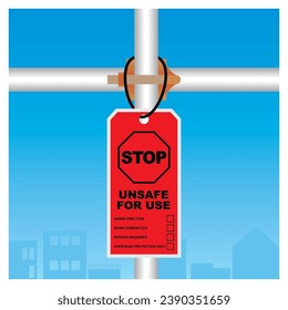 Red scaffolding tag hanging on the frame vector illustrations. Scaffolding work safety requirements. Incomplete scaffolding installation.