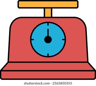 A red scale with a blue face and a clock on it. The clock is showing the time as 10:30