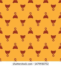Red Scale with cardboard box icon isolated seamless pattern on brown background. Logistic and delivery. Weight of delivery package on a scale.  Vector Illustration