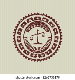 Red scale icon inside distressed rubber stamp with grunge texture