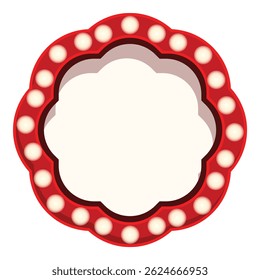 Red scalloped frame with bright lightbulbs is shining brightly
