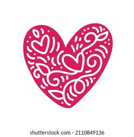 Red scandinavian folk heart vector with monoline white flowers and flourish for Valentines Day wedding, birthday or greeting card.