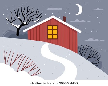 Red scandinavian house on a snowy landscape. Winter landscape. New Year's comfort.