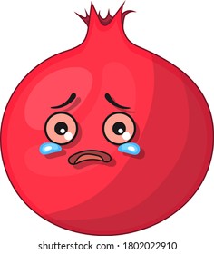 Red scared pomegranate, crying and with open mouth, cartoon style, vector illustration isolated on white background