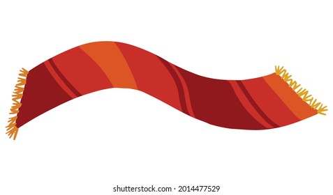 Red scarf. Autumn and winter accessory. Hand drawn vector illustration. Colored cartoon doodle of clothes. Single drawing isolated on white. Element for design, print, sticker, card, decor, wrap.
