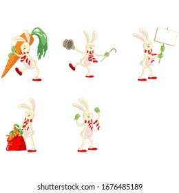 red scarf rabbits, carrots, dancing, red bag, animal illustration vectors.