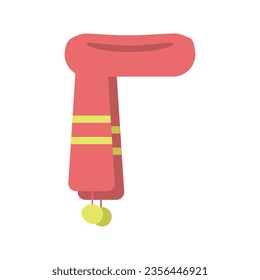 Red scarf with yellow lines on a white isolated background, simple vector drawing, winter clothing attribute, warm winter clothes. The element of winter. Beautiful simple scarf, vector illustration