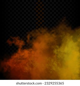 Red, scarlet and orange gradient futuristic colorful smoke cloud. Vector realistic magic color vibrant haze isolated on the semi transparent dark background.