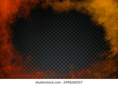 Red, scarlet, orange realistic clouds around the horizontal rectangular frame with empty space for text or inscription. Vector light hell cloudiness or haze isolated on transparent background.