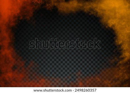 Red, scarlet, orange realistic clouds around the horizontal rectangular frame with empty space for text or inscription. Vector light hell cloudiness or haze isolated on transparent background.