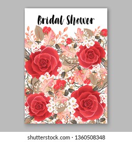 Red scarlet Rose wedding invitation card template peony ranunculus vector background for baby shower bridal shower invitation Winter floral pattern