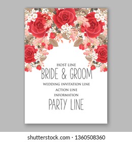 Red scarlet Rose wedding invitation card template peony ranunculus vector background for baby shower bridal shower invitation Winter floral pattern