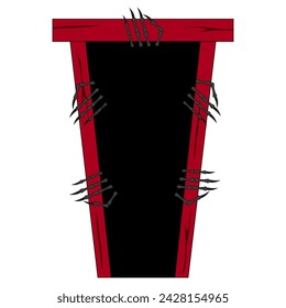 Red scary Door isolated on white background. Open wooden Red Door with Monsters Hand. Vector illustration can used Halloween concept design. EPS 10 Editable stroke.