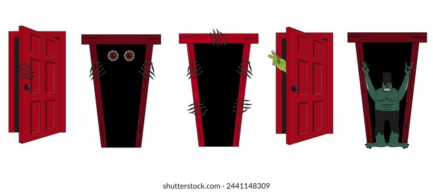 Red scary Door set isolated on white background. Collection Open Red Door with Devil Hand. Vector illustration can used Halloween concept design. EPS 10 Editable stroke.