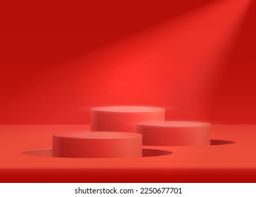 Red scene background with 3d stage podium minimal style realistic vector illustration. Pedestal for product display, show base, winner and advertising