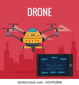 red scene city landscape set remote control tablet and big yellow robot drone with four airscrew and pair of telescope