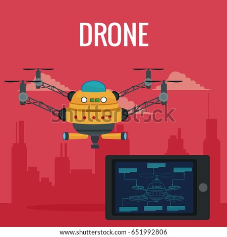 red scene city landscape set remote control tablet and big yellow robot drone with four airscrew and pair of telescope