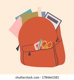 Red school backpack with chancellery.Back to school. Vector hand drawn illustration.