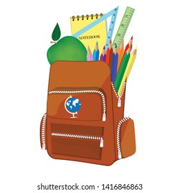 Red school backpack - green apple, notepad, globe, triangle, pencils - flat style - isolated on white background - vector. Back to school.