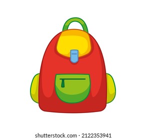 Mochila de escuela roja con bolsillos verdes. Ilustración vectorial al estilo infantil de dibujos animados. Clásico gracioso aislado sobre fondo blanco. huella linda