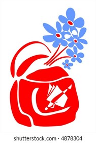 Red school bag and blue flowers bouquet on a white background.