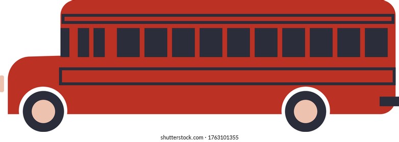 Ilustración plana del autobús escolar rojo. Los niños transportan series de decoración.