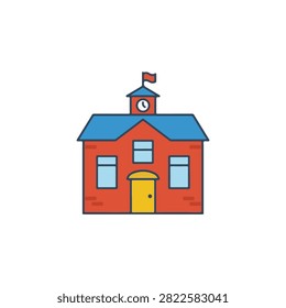 Red school house icon with clock tower and flag. A detailed flat illustration of a red school building featuring a clock tower and a small red flag on top. Perfect for educational themes, academic icons, and institutional branding.