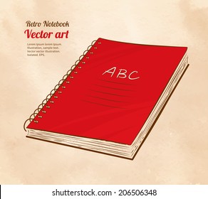 Red school notebook on vintage background. Vector illustration.